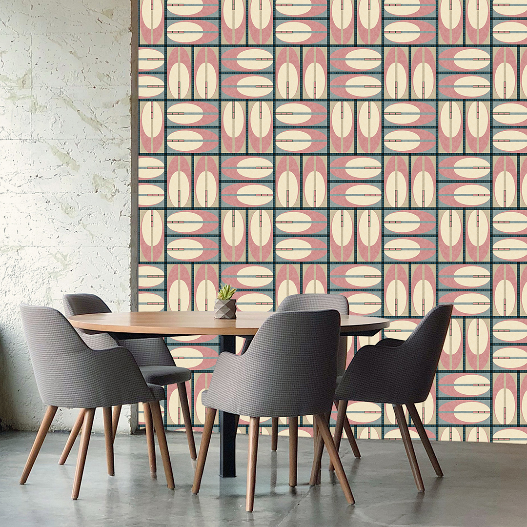 The artwork features a repeating geometric pattern of symmetrical shapes resembling elongated, curved diamonds or petals in various shades of blue and green. Each shape is split vertically with one half filled with a light blue and the other half filled with green or darker blue. The background is a light, almost pastel blue, which provides a soft yet vibrant backdrop. One of the blue shapes near the upper left contains a white starburst element, adding a focal point of brightness to the composition. The overall design conveys a modern, mid-century aesthetic with clean lines and harmonious color contrasts.